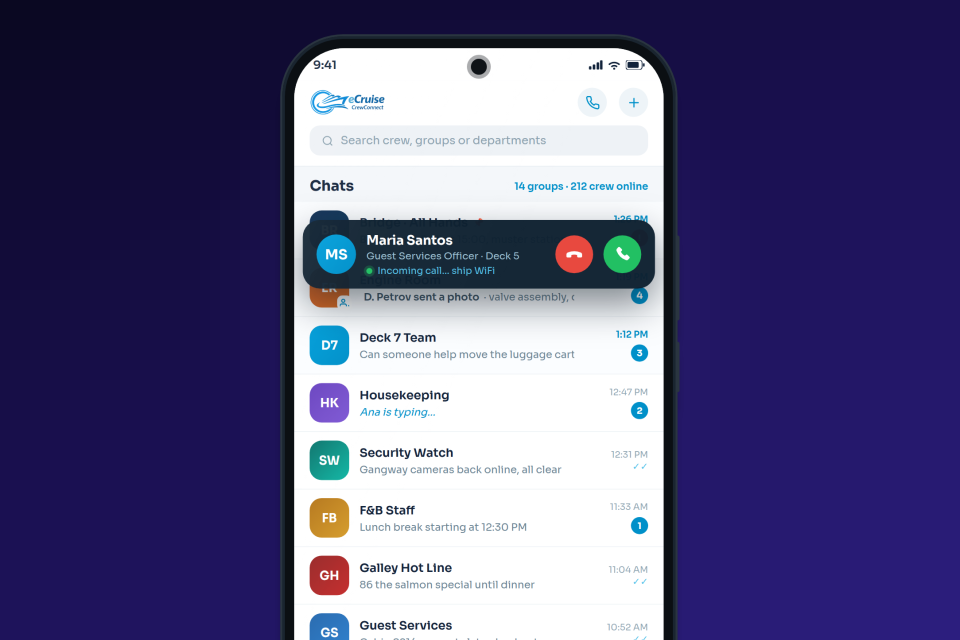 Crew Connect on a crew phone: department chat list, a photo shared to the Engine Room group, and an incoming call from a Guest Services Officer