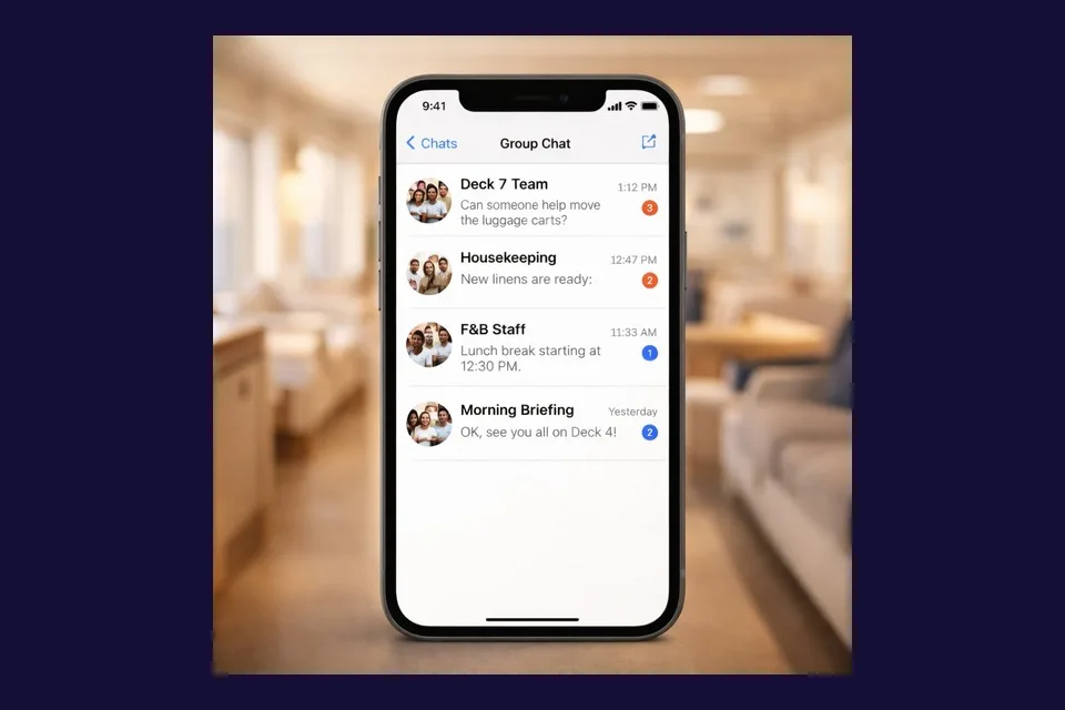 Crew Connect on a crew phone: department chat list, a photo shared to the Engine Room group, and an incoming call from a Guest Services Officer