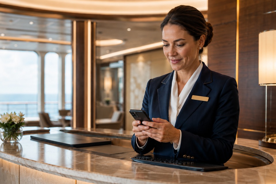 A guest services manager at the reception desk using Crew Connect on a phone