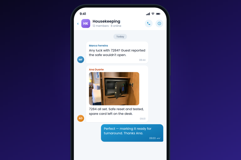 Crew Connect group chat: a housekeeping attendant sends a photo showing a cabin safe working again, and the supervisor marks the cabin ready for turnaround