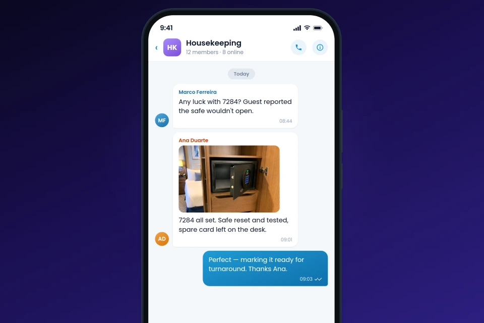 Crew Connect group chat: a housekeeping attendant sends a photo showing a cabin safe working again, and the supervisor marks the cabin ready for turnaround
