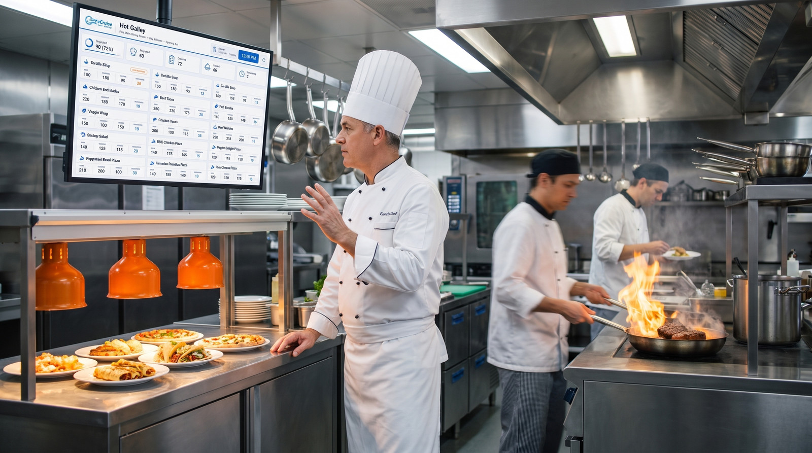 Executive chef at the galley pass watching the eDining Kitchen Display System while cooks fire orders behind
