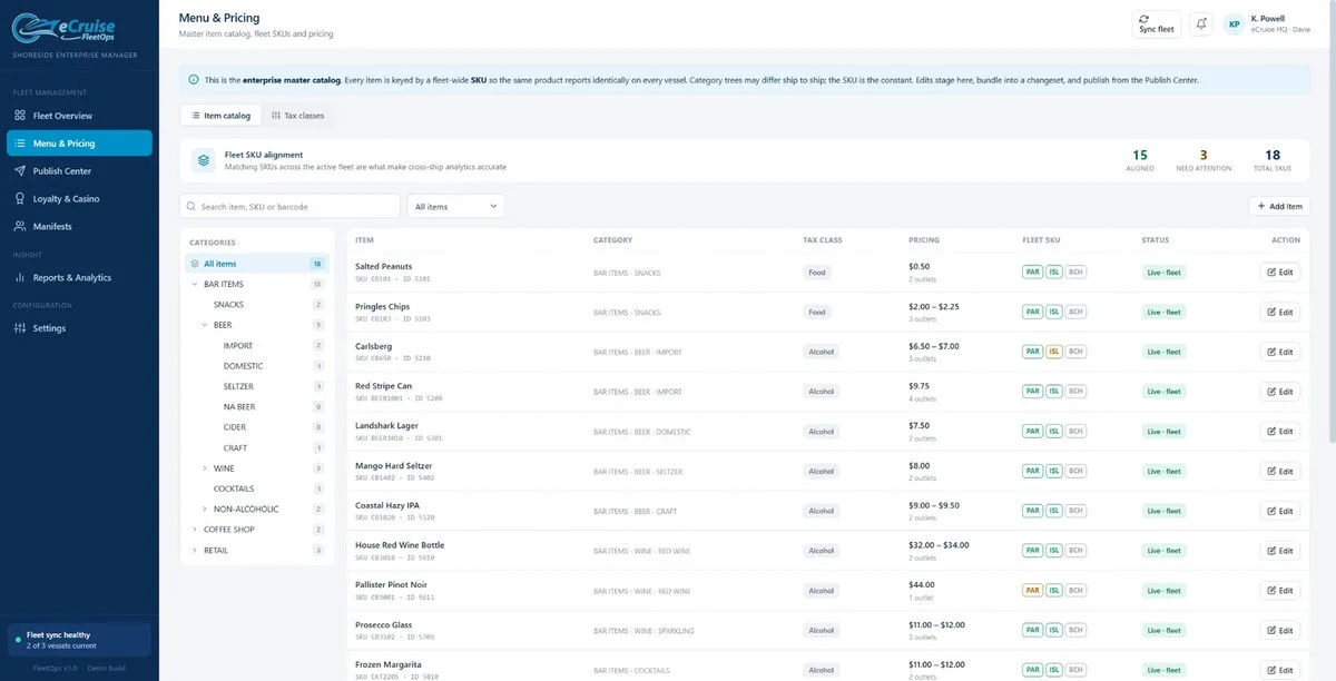 FleetOps Menu and Pricing screen managing the enterprise master catalog of POS items and fleet SKUs