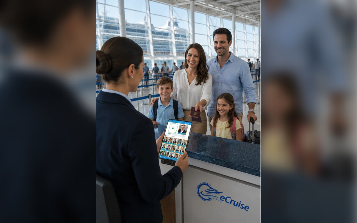 Classic Embarkation — agent checking in a family at the cruise terminal with eCruise Mobile Suite