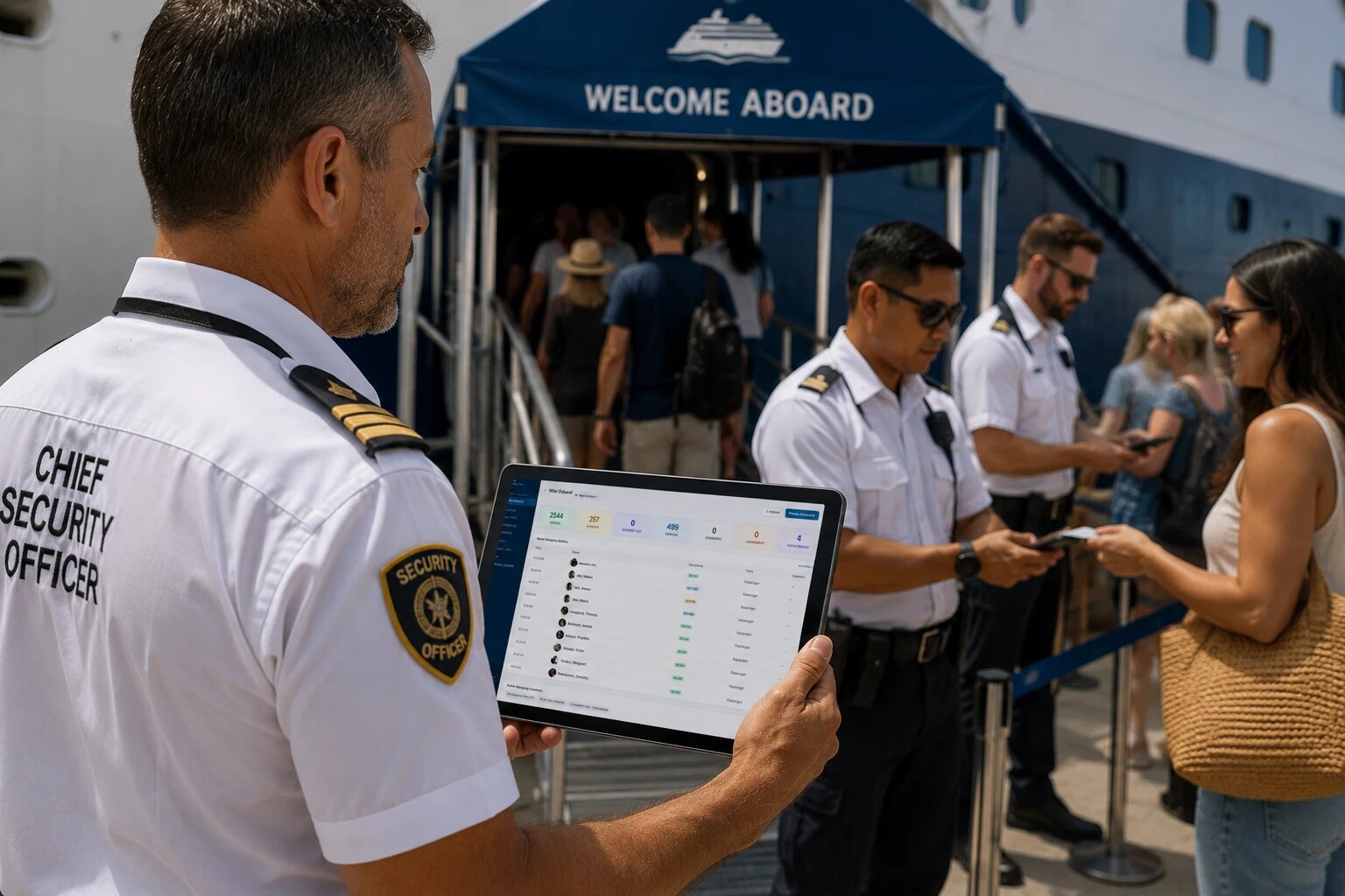 Chief security officer monitoring passenger movement at the gangway during embarkation
