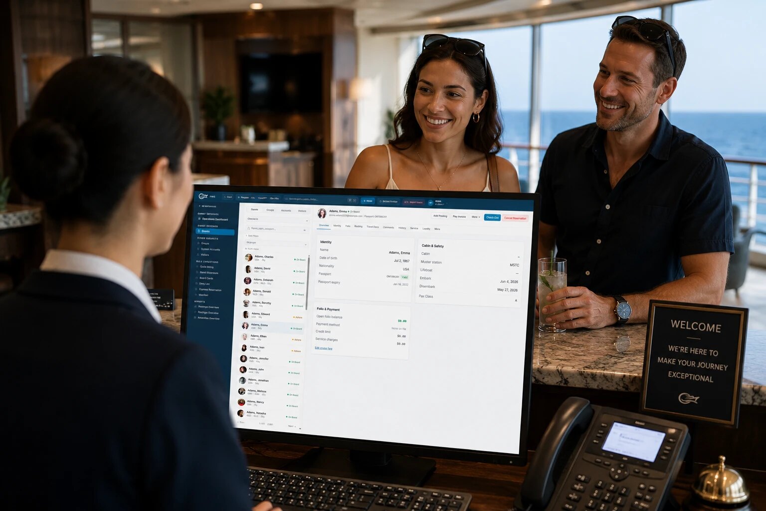 Guest services agent assisting passengers at the front desk with eCruise PMS